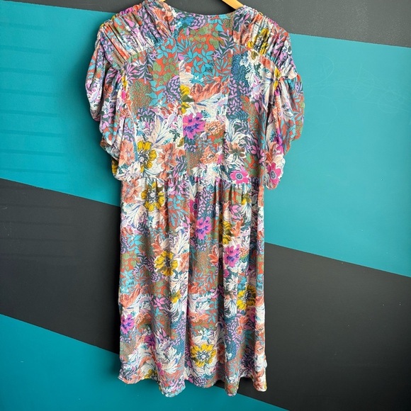 Anthropologie Flutter Sleeve Asymmetrical Tunic Dress Blue Pink - Picture 6 of 14